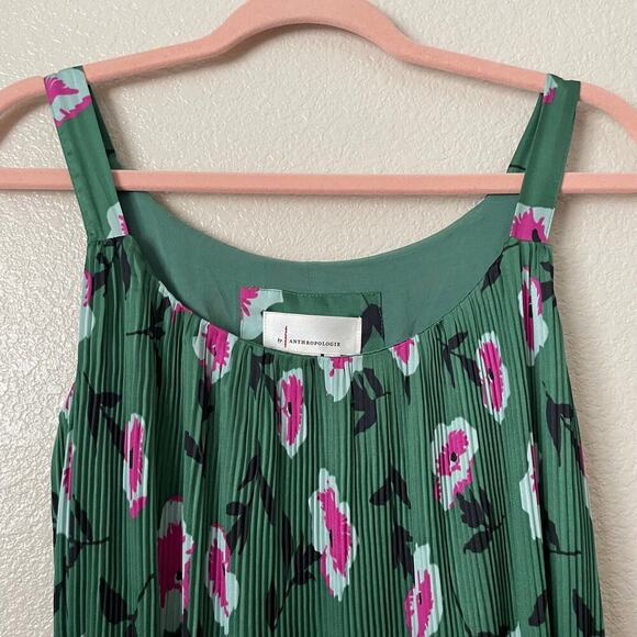 Anthropologie Dress Womens XS Green Pink Mini Satin Floral Pleated Tank Boho‎ - Picture 5 of 13